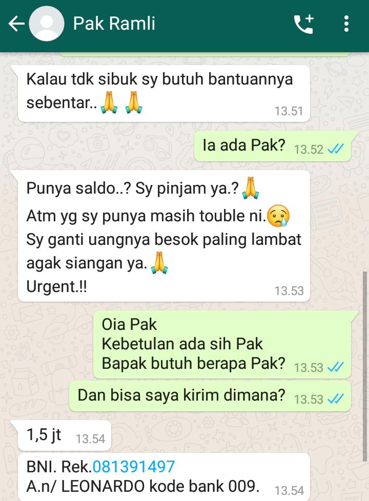 Foto percakapan penipu yang mengatasnamakan dosen yang mengedar
