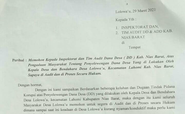 Surat Pengaduan Masyarakat Lolowau, Kabupaten Nias Barat (Foto: IST)
