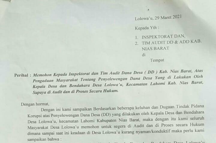 Surat Pengaduan Masyarakat Lolowau, Kabupaten Nias Barat (Foto: IST)