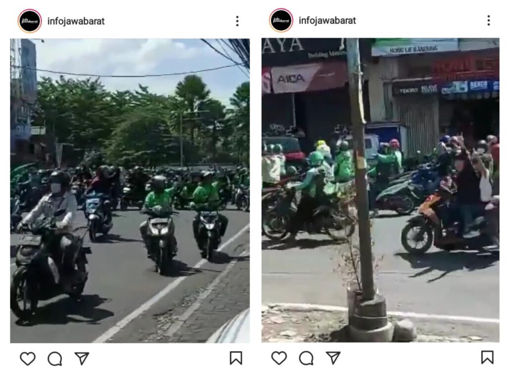 Aksi Demo Tolak PPKM oleh Ojek Online di Bandung, Jawa Barat, Rabu, 21 Juli 2021 (Foto: Instagram @infojawabarat)