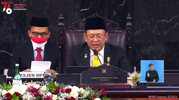 Ketua MPR RI Bambang Soesatyo menyampaikan apresiasi kepada pemerintah dalam Sidang Tahunan MPR, Senin, 16 Agustus 2021 (Foto: Channel Youtube Sekretariat Presiden)