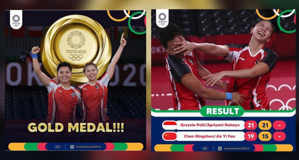 Kemenangan Greysia Polii - Apriyani Rahayu di Olimpiade Tokyo 2020, Senin, 2 Agustus 2021 (Foto: Instagram olimpiadetokyo2020.id)
