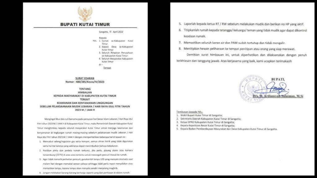Surat Edaran Bupati Kutai Timur tentang Imbauan kepada masyarakat Kabupaten Kutai Timur yang akan melaksanakan mudik lebaran tahun 2023/1444 H, Kamis, 13 April 2023 (Foto: Arie Firdaus)