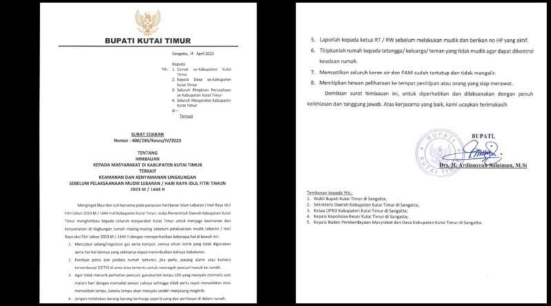 Surat Edaran Bupati Kutai Timur tentang Imbauan kepada masyarakat Kabupaten Kutai Timur yang akan melaksanakan mudik lebaran tahun 2023/1444 H, Kamis, 13 April 2023 (Foto: Arie Firdaus)