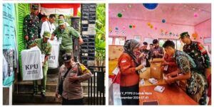 Babinsa Koramil 404-05/ Tanjung Enim, Serka Redi Saputra dan Bhabinkamtibmas Polsek Tj.Agung bersama Limas saat melakukan pengamanan kotak suara (Foto: IST) 