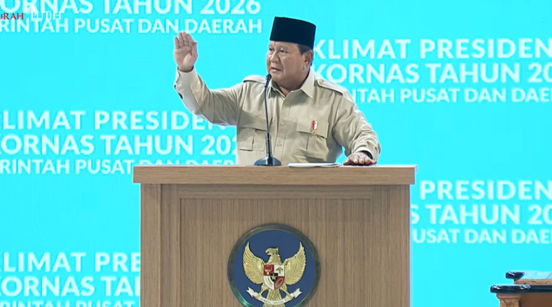 Presiden Prabowo Subianto dalam Rakornas Pemerintah Pusat dan Daerah Tahun 2026 di Sentul, Bogor, Senin (2/2/2026) (Foto: Youtube Setpres)