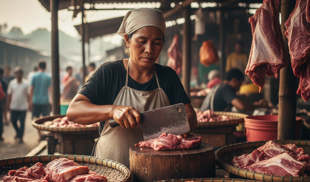 Ilustrasi penjual daging di pasar (Foto: Hasil Rekayasa AI)