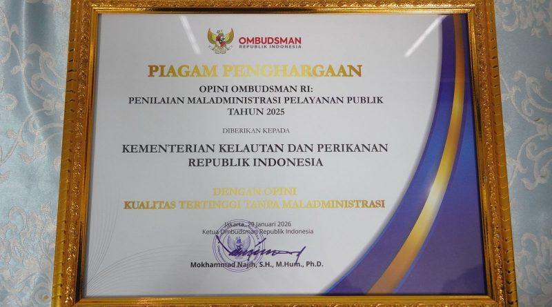 Penghargaan Opini Kualitas Tertinggi Tanpa Maladministrasi dalam Penilaian Maladministrasi Penyelenggaraan Pelayanan Publik Tahun 2025 yang diraih Kementerian Kelautan dan Perikanan, Kamis (29/1/2026) lalu. (Foto: Dok. KKP/InfoPublik)