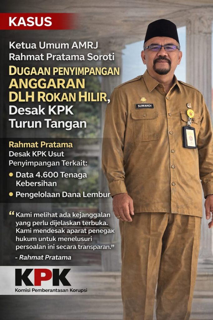 Aliansi Mahasiswa Riau Jakarta (AMRJ) menyoroti dugaan penyimpangan pengelolaan anggaran di Dinas Lingkungan Hidup (DLH) Kabupaten Rokan Hilir (Rohil), Jumat (6/3/2026). (Foto: Ketua AMR Jakarta, Rahmat Pratama)