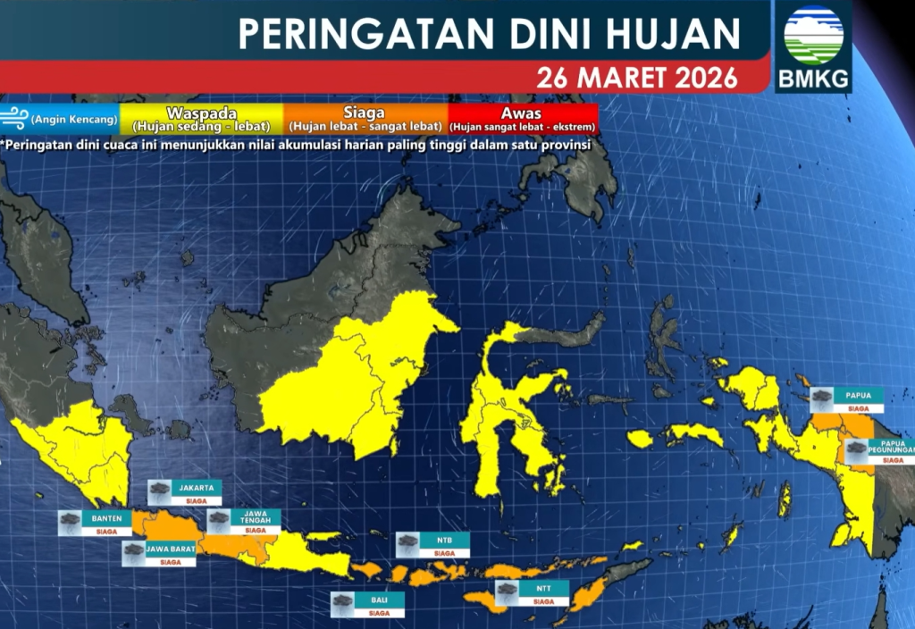Badan Meteorologi Klimatologi dan Geofisika (BMKG) menerbitkan peringatan dini terkait potensi cuaca ekstrem yang melanda berbagai wilayah Indonesia. Peningkatan intensitas hujan lebat hingga sangat lebat dipicu oleh kemunculan Siklon Tropis Narelle di Samudera Hindia, Kamis (26/3/2026). (Foto: BMKG/InfoPublik)