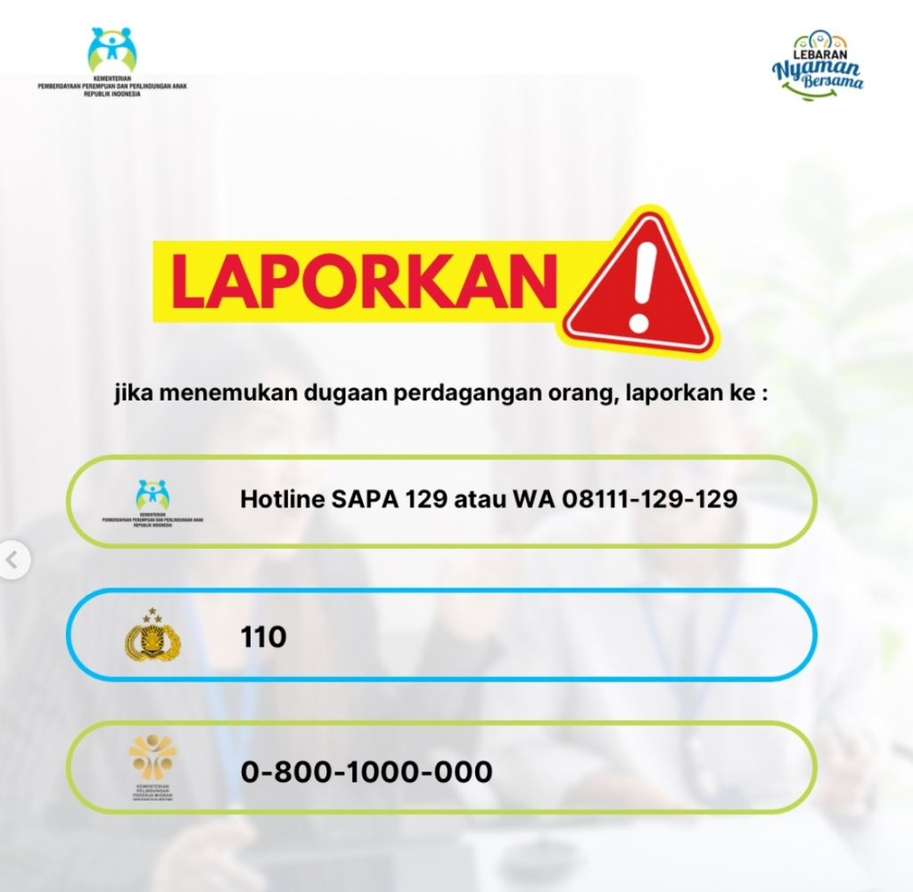 Laporan dapat disampaikan secara cepat melalui Hotline SAPA 129 atau layanan WhatsApp di nomor 08111-129-129. Selain itu, masyarakat juga dapat menghubungi layanan Kepolisian di nomor 110 untuk mendapatkan bantuan segera. (Foto: KemenPPPA/InfoPublik)