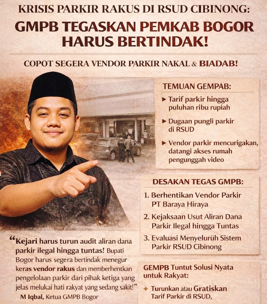 Gerakan Mahasiswa dan Pemuda Bogor (GMPB) melayangkan protes keras terkait semrawutnya sistem pengelolaan parkir di RSUD Padjajaran (RSUD Cibinong), Kamis (9/4/2026). (Foto: GMPB "M. Iqbal")
