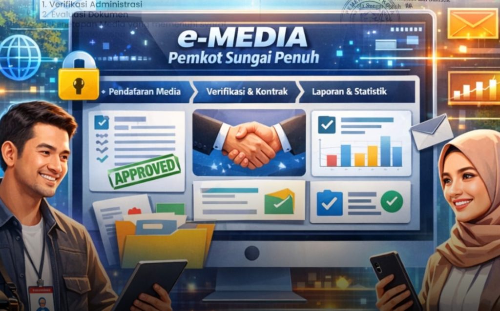 Tampilan antarmuka platform e-Media milik Pemerintah Kota Sungai Penuh. Inovasi ini memudahkan perusahaan pers dalam melakukan pendaftaran dan verifikasi kerja sama secara online dan transparan. (Foto: DIskominfosta Sungai Penuh)
