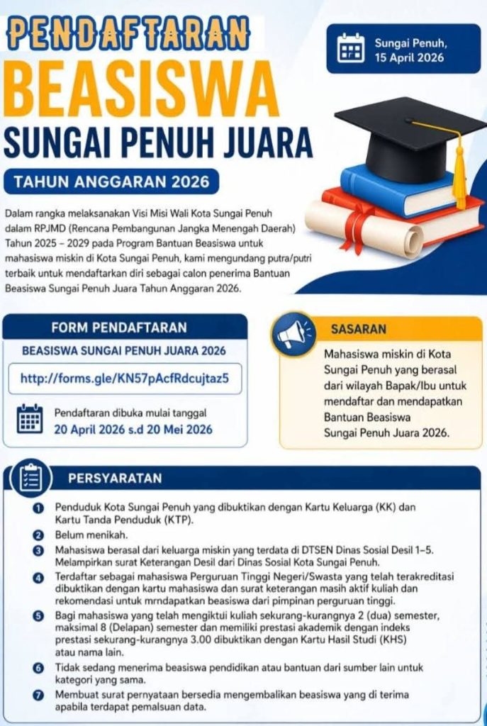 Pemerintah Kota Sungai Penuh melalui Sekretariat Daerah dan Dinas Pendidikan resmi membuka pendaftaran Program Beasiswa Sungai Penuh Juara Tahun Anggaran 2026, Kamis (23/4/2026). (Foto: Diskominfosta Sungai Penuh)