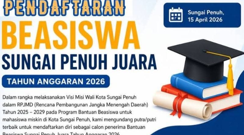 Pemerintah Kota Sungai Penuh melalui Sekretariat Daerah dan Dinas Pendidikan resmi membuka pendaftaran Program Beasiswa Sungai Penuh Juara Tahun Anggaran 2026, Kamis (23/4/2026). (Foto: Diskominfosta Sungai Penuh)