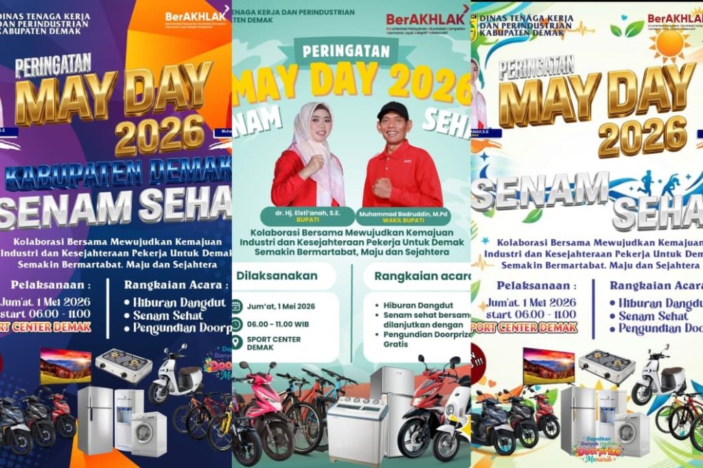 Dinas Tenaga Kerja dan Perindustrian (Dinnakerind) Kabupaten Demak bersiap memperingati Hari Buruh Internasional atau May Day tahun 2026. Bekerja sama dengan Apindo dan Serikat Pekerja, acara ini akan dipusatkan di Sport Center Demak pada Jumat, 1 Mei 2026. (Foto: Pemkab Demak)