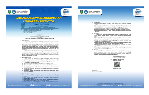 Surat edaran tersebut bernomor B/400.3.13.3/6/IV/2026/DISDIK.2 dan ditetapkan pada 8 April 2026 tentang Larangan Siswa Menggunakan Kendaraan Bermotor ke Sekolah. (Foto: Diskominfosta Sungai Penuh)