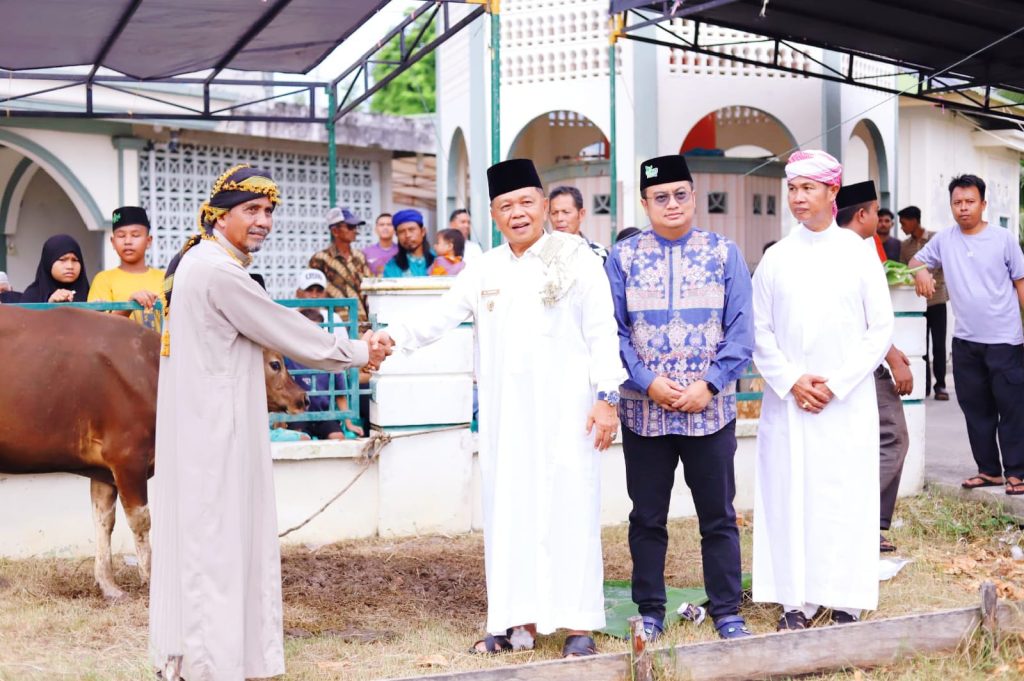 Bupati Kepulauan Meranti, AKBP (Purn) H. Asmar, menyerahkan secara resmi bantuan hewan kurban dari Presiden RI kepada panitia kurban di daerahnya. Prosesi penyerahan bantuan kepresidenan ini dipusatkan di pelataran Masjid Ar-Rahmah, Desa Banglas, Kecamatan Tebingtinggi, Rabu (27/5/2026). (Foto: Diskominfo Kepulauan Meranti)