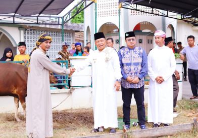 Bupati Kepulauan Meranti, AKBP (Purn) H. Asmar, menyerahkan secara resmi bantuan hewan kurban dari Presiden RI kepada panitia kurban di daerahnya. Prosesi penyerahan bantuan kepresidenan ini dipusatkan di pelataran Masjid Ar-Rahmah, Desa Banglas, Kecamatan Tebingtinggi, Rabu (27/5/2026). (Foto: Diskominfo Kepulauan Meranti)