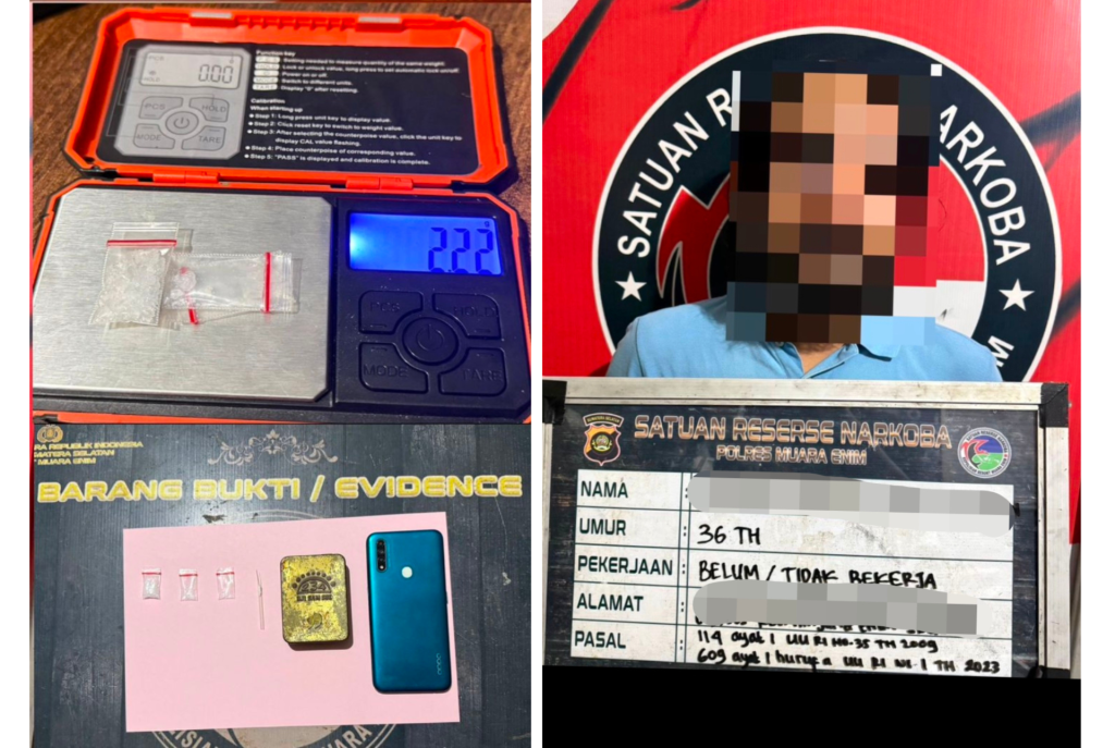 Satresnarkoba Polres Muara Enim berhasil meringkus seorang pria berinisial AS (35) yang diduga kuat sebagai pengedar narkotika jenis sabu. Penangkapan berlangsung di kawasan BTN Air Paku, Kelurahan Tanjung Enim Selatan, Kecamatan Lawang Kidul, Minggu (10/5/2026). (Foto: IST/Yogie Yolanda)