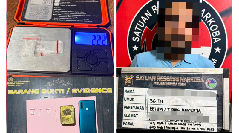 Satresnarkoba Polres Muara Enim berhasil meringkus seorang pria berinisial AS (35) yang diduga kuat sebagai pengedar narkotika jenis sabu. Penangkapan berlangsung di kawasan BTN Air Paku, Kelurahan Tanjung Enim Selatan, Kecamatan Lawang Kidul, Minggu (10/5/2026). (Foto: IST/Yogie Yolanda)