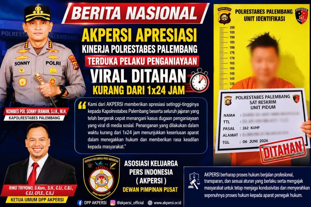Ketua Umum DPP Asosiasi Keluarga Pers Indonesia (AKPERSI), Rino Triyono, S.Kom., S.H. memberi apresiasi kepada jajaran Kepolisian Resor Kota Besar (Polrestabes) Palembang, Sabtu (6/6/2026). (Foto: Humas DPP AKPERSI)