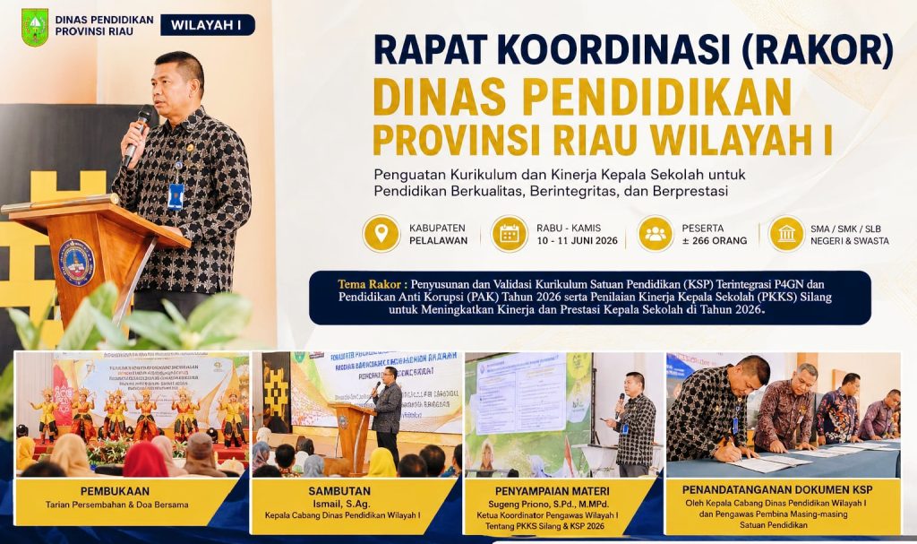 abang Dinas Pendidikan Provinsi Riau Wilayah I menggelar Rapat Koordinasi (Rakor) Penyusunan dan Validasi Kurikulum Satuan Pendidikan (KSP) Terintegrasi P4GN serta Pendidikan Anti Korupsi Tahun 2026 di Kabupaten Pelalawan, 10–11 Juni 2026. (Foto: Cabdin Pendidikan Wilayah I Riau)