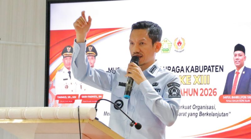 Bupati Aceh Barat, Tarmizi SP, MM, secara resmi membuka Musyawarah Olahraga Kabupaten (Musorkab) KONI Aceh Barat 2026 di Aula Cabang Dinas Pendidikan, Sabtu (4/7/2026). (Foto: Pemkab Aceh Barat)