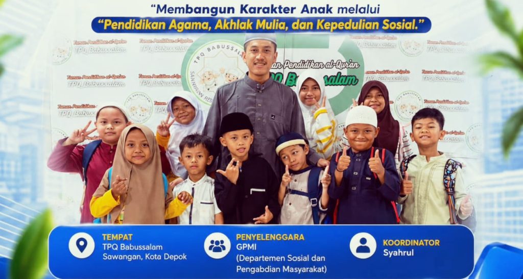 Gerakan Pemuda Mahasiswa Indonesia (GPMI) melalui Departemen Sosial dan Pengabdian Masyarakat memperingati Hari Anak Nasional 2026. GPMI menggelar kegiatan penyuluhan di Taman Pendidikan Al-Qur'an (TPQ) Babussalam, Sawangan, Kota Depok, Kamis (23/7/2026). (Foto: Departemen Sosial dan Pengabdian Masyarakat GPMI)