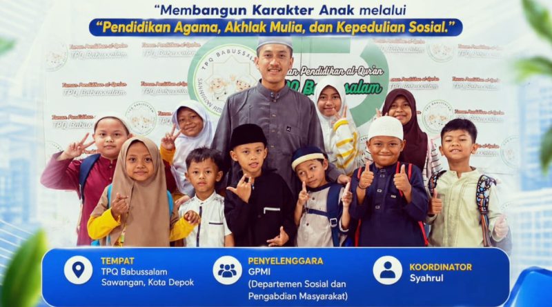 Gerakan Pemuda Mahasiswa Indonesia (GPMI) melalui Departemen Sosial dan Pengabdian Masyarakat memperingati Hari Anak Nasional 2026. GPMI menggelar kegiatan penyuluhan di Taman Pendidikan Al-Qur'an (TPQ) Babussalam, Sawangan, Kota Depok, Kamis (23/7/2026). (Foto: Departemen Sosial dan Pengabdian Masyarakat GPMI)