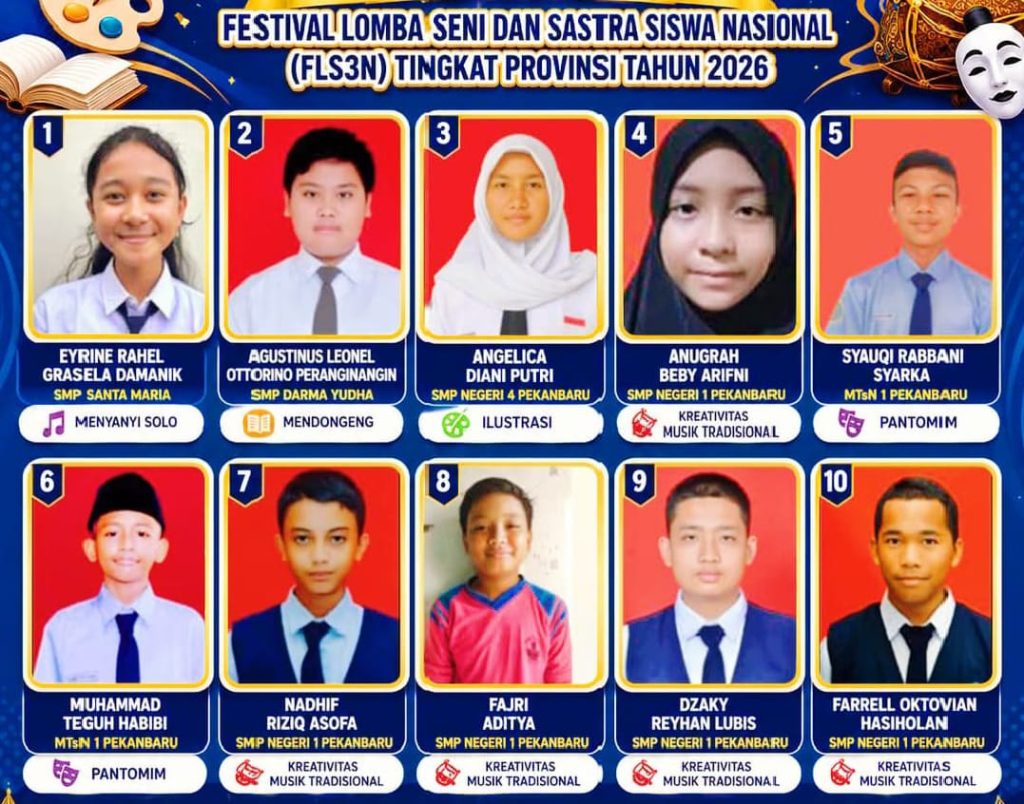Sepuluh siswa SMP dan MTs se-Kota Pekanbaru berhasil menyabet gelar juara pada Festival Lomba Seni dan Sastra Siswa Nasional (FLS3N) Tingkat Provinsi Tahun 2026. (Foto: Dinas Pendidikan Kota Pekanbaru)