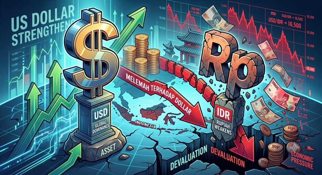 Ilustrasi Pelemahan Rupiah terhadap Dollar AS. (Foto: Hasil Rekayasa Gemini AI Plus)