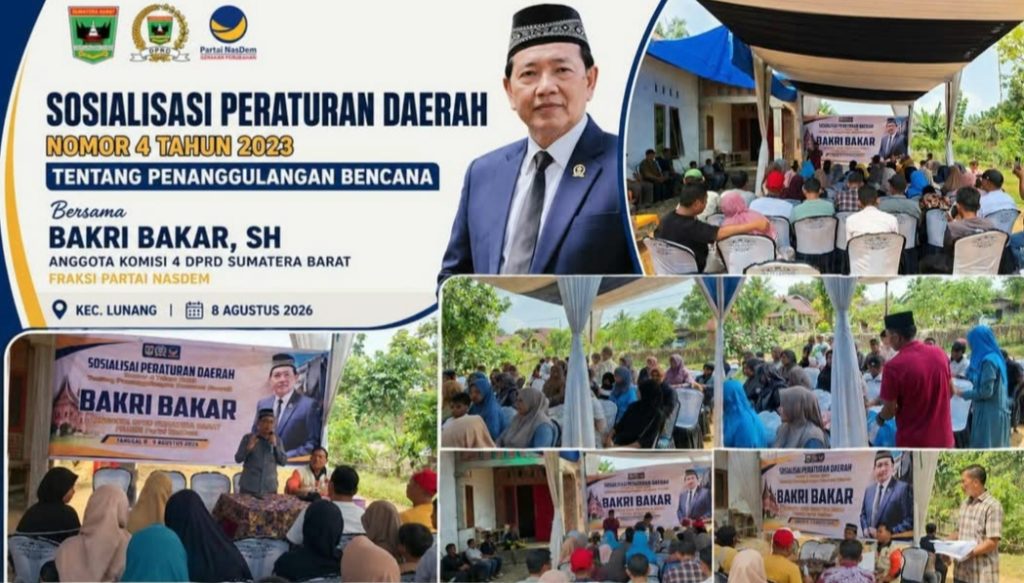 Anggota Komisi IV DPRD Sumatera Barat dari Fraksi Partai NasDem, Bakri Bakar, SH, menggelar Sosialisasi Peraturan Daerah (Perda) Nomor 4 Tahun 2023 tentang Penanggulangan Bencana di Kecamatan Lunang, Kabupaten Pesisir Selatan, Sabtu (8/8/2026). (Foto: IST/Novrianto)