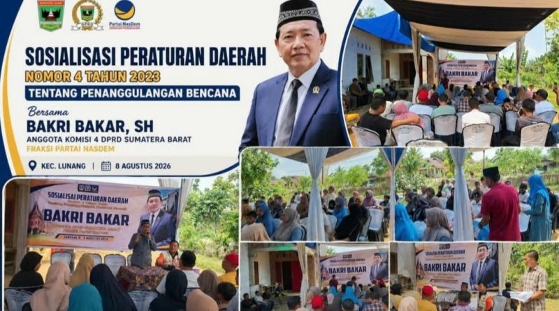 Anggota Komisi IV DPRD Sumatera Barat dari Fraksi Partai NasDem, Bakri Bakar, SH, menggelar Sosialisasi Peraturan Daerah (Perda) Nomor 4 Tahun 2023 tentang Penanggulangan Bencana di Kecamatan Lunang, Kabupaten Pesisir Selatan, Sabtu (8/8/2026). (Foto: IST/Novrianto)