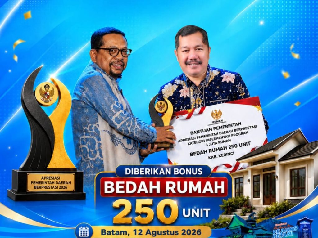 Kabupaten Kerinci berhasil meraih Terbaik II kategori Implementasi Program 3 Juta Rumah tingkat Kabupaten dalam ajang Apresiasi Pemerintah Daerah Berprestasi 2026 Batch II Regional Sumatera di Kota Batam, Kepulauan Riau, Rabu (12/8/2026). (Foto: Pemkab Kerinci)
