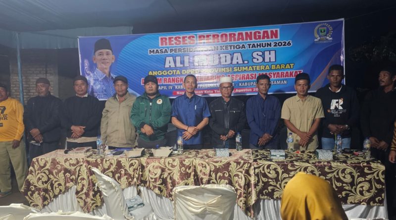 Anggota DPRD Provinsi Sumatera Barat, Ali Muda, S.H., menggelar kegiatan reses untuk menjemput aspirasi masyarakat di Jorong Air Jernih, Nagari Ranah Koto Tinggi, Kecamatan Koto Balingka, Kabupaten Pasaman Barat, Rabu (19/8/2026). (Foto: IST/Novrianto)