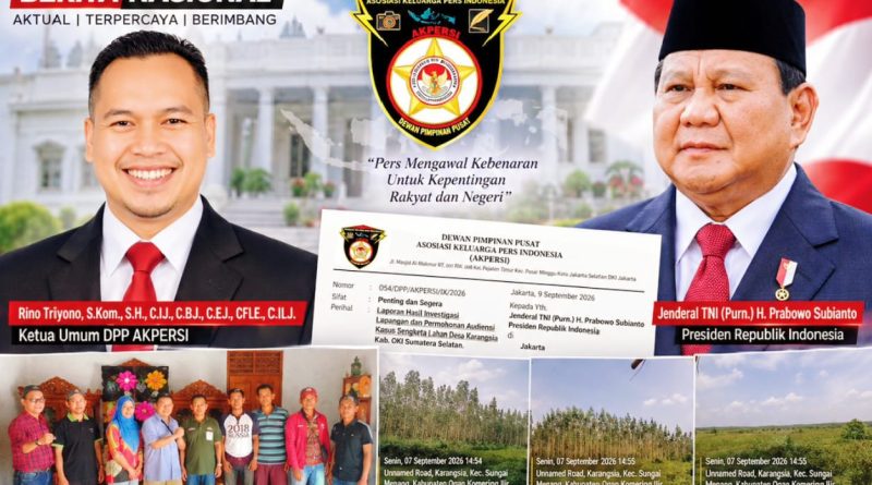 Dewan Pimpinan Pusat Asosiasi Keluarga Pers Indonesia (DPP AKPERSI) melalui Ketua Umum DPP AKPERSI, Rino Triyono, S.Kom., S.H., menyampaikan laporan hasil investigasi lapangan terkait persoalan lahan di Desa Karangsia, Kecamatan Sungai Menang, Kabupaten Ogan Komering Ilir (OKI), Sumatera Selatan, kepada Presiden Republik Indonesia Prabowo Subianto. (Foto: DPP AKPERSI)