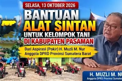 Anggota DPRD Provinsi Sumatera Barat, H. Muzli M. Nur. Melalui pengalokasian dana Pokok-Pokok Pikiran (Pokir) menyerahkan bantuan alat dan mesin pertanian (alsintan) berupa mesin pengolah tanah di Kabupaten Pasaman,Selasa (13/10/2026). (Foto: IST/Novrianto)