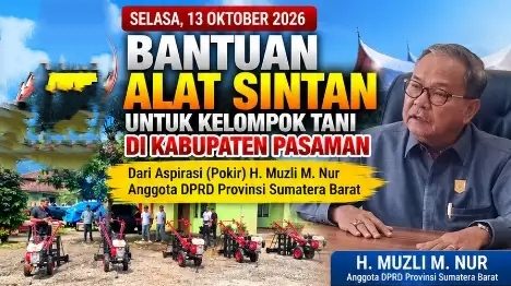 Anggota DPRD Provinsi Sumatera Barat, H. Muzli M. Nur. Melalui pengalokasian dana Pokok-Pokok Pikiran (Pokir) menyerahkan bantuan alat dan mesin pertanian (alsintan) berupa mesin pengolah tanah di Kabupaten Pasaman,Selasa (13/10/2026). (Foto: IST/Novrianto)